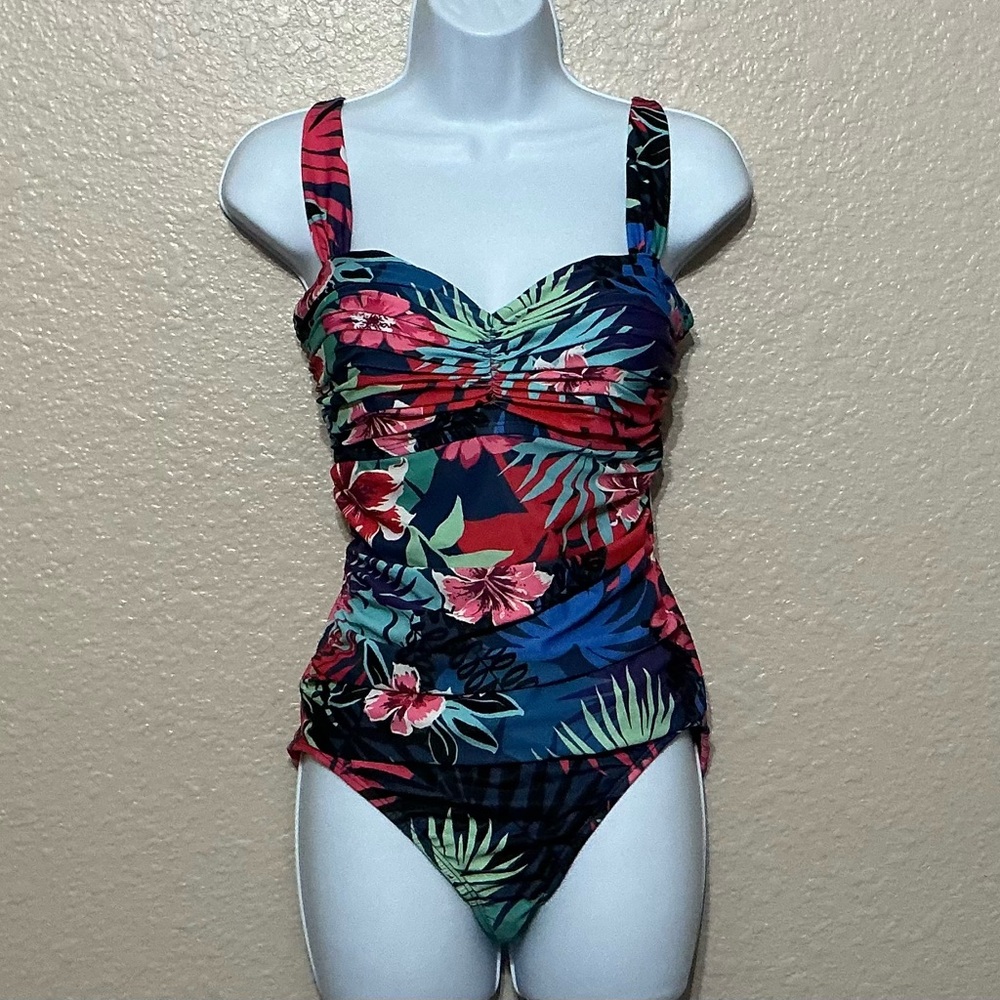 Bleu Rod Beattie Tropical Floral Ruched Swimsuit